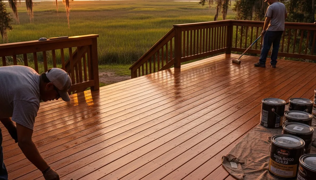Professional deck staining in Savannah, GA enhancing wood finish with UV and moisture protection